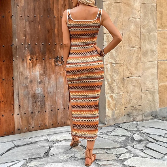 2/$40 Boho Aztec Print Sleeveless Midi Long Dress Side Slit Summer Casual Style - Picture 4 of 8